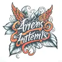a red ink cursive that says Artemis Paul tatto design tattoo design idea
