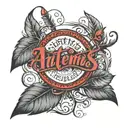 a red ink cursive that says Artemis Paul tatto design tattoo design idea