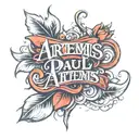 a red ink cursive that says Artemis Paul tatto design tattoo design idea