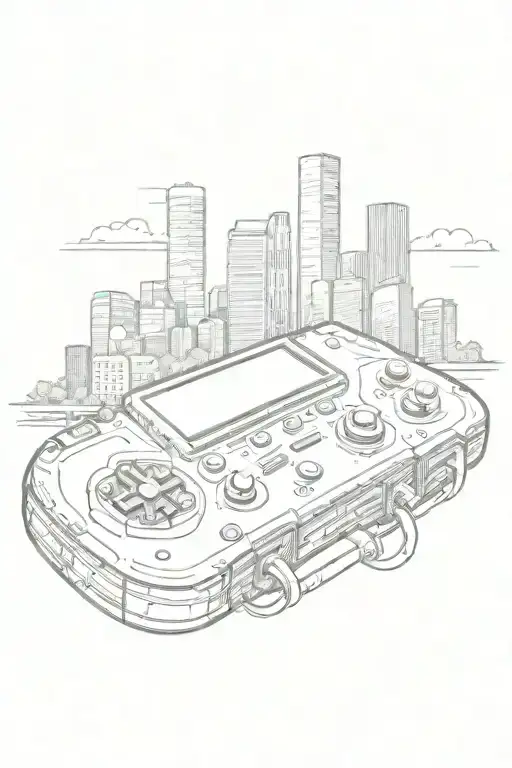 A gaming console with Houston skyline in the background tattoo design idea