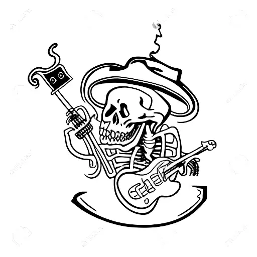 skeleton with a cowboy hat smoking a cigarette while playing the guitar; all inside an ace of spades card tattoo design idea