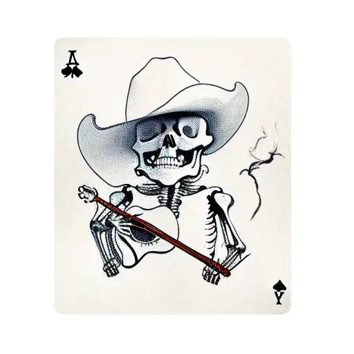 skeleton with a cowboy hat smoking a cigarette while playing the guitar; all inside an ace of spades card tattoo design idea
