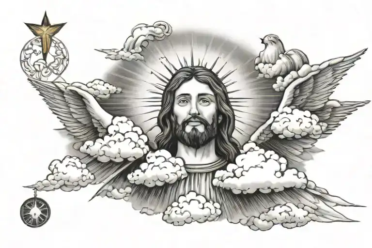 clouds at top with jesus rays shining down on the words kathy mason and the year she was born and she passed 1942-2023 tattoo design idea