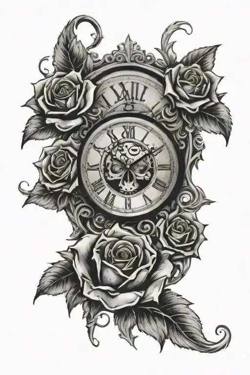 Clock face, crying eye, skull and black rose intertwined tattoo design idea