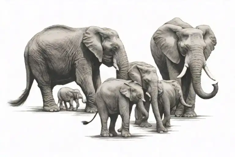 4 elephants walking in a line mother elephant in front, 2 calves in the middle and a bull elephant in the back  tattoo design idea