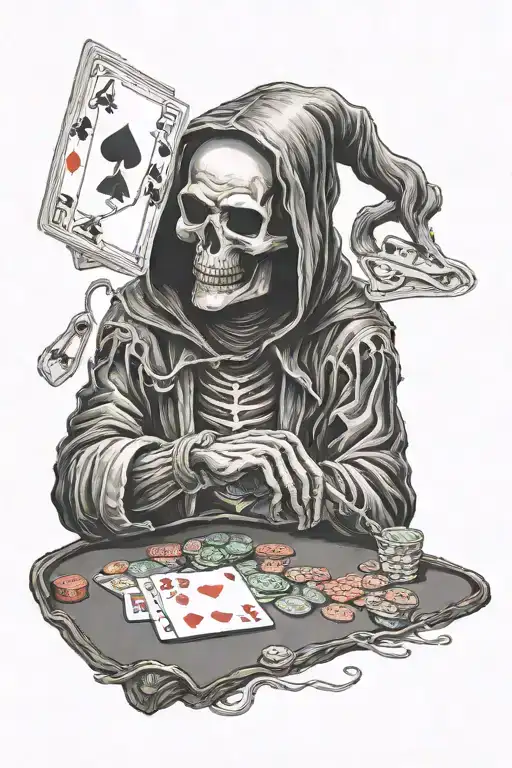 blindfolded grim reaper playing poker cards tattoo design idea