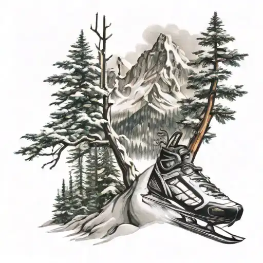 Mountains ski tree tattoo design idea