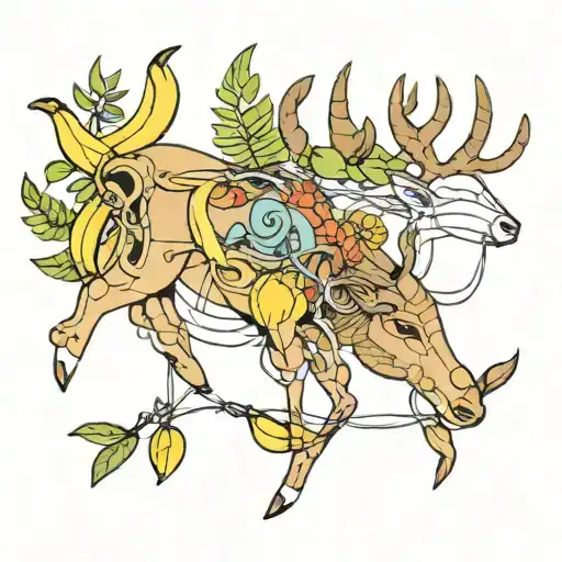 wire, deer, and banana tree intertwined tattoo design idea