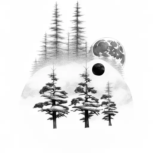 river with tree and mountain, wolf pack in back ground with some tree with a moon in realiste black and grey  tattoo design idea