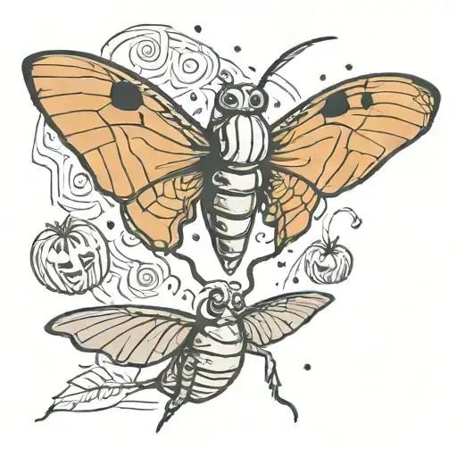death hawk moth flying around a jack o lantern. jack-o-lantern puking it's own guts tattoo design idea