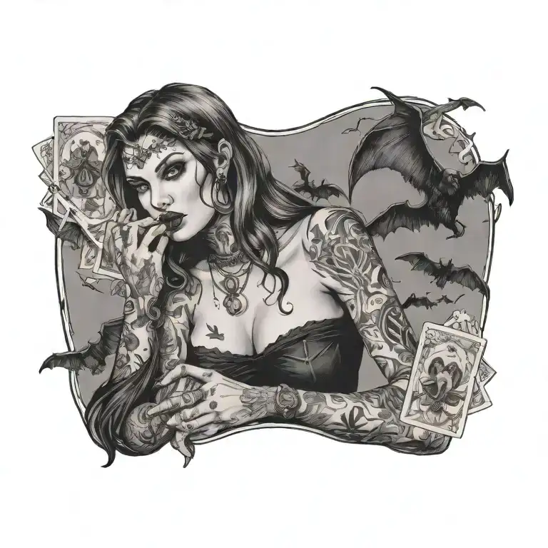 Modern, heavily tattooed, witchy woman holding tarot cards with bats and ghosts flying around her tattoo design idea