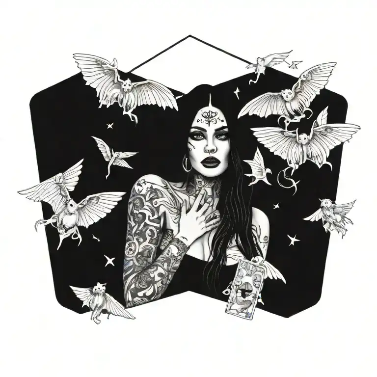 Modern, heavily tattooed, chunky, witchy woman holding tarot cards with bats and ghosts flying around her tattoo design idea