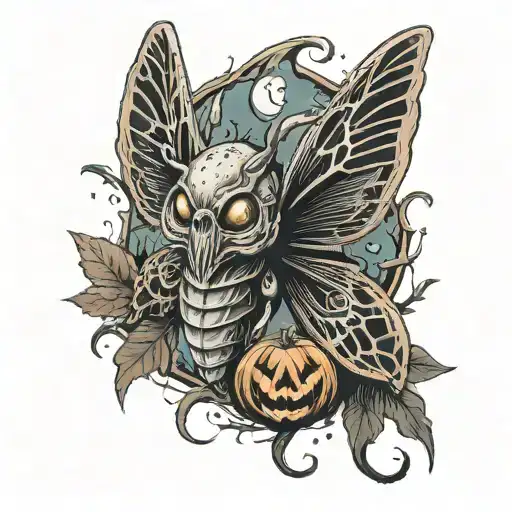 Death Hawk moth flying around a scary jack-o-lantern, Jack-o-lantern's eyes are smoking. Witchy designs carved into it tattoo design idea