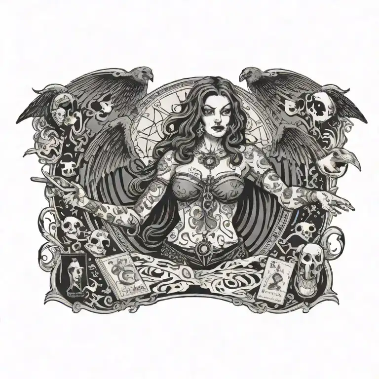Modern, heavily tattooed, chunky, witchy woman holding tarot cards with bats and ghosts flying around her tattoo design idea