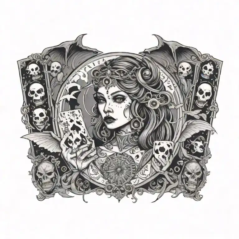 Modern, heavily tattooed, witchy woman holding tarot cards with bats and ghosts flying around her tattoo design idea