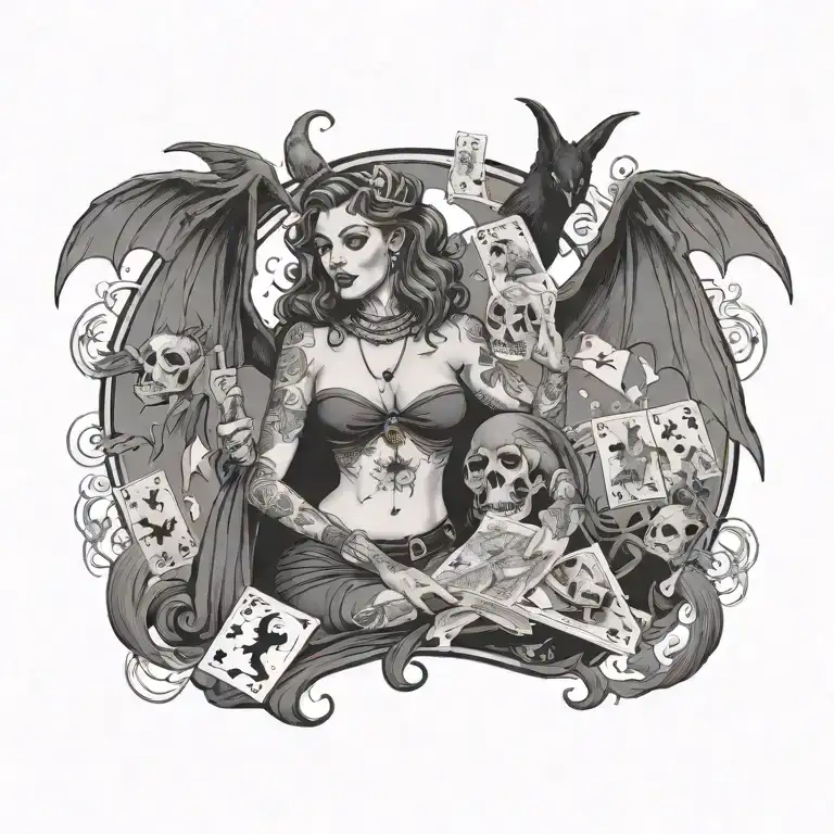 Modern, heavily tattooed, chunky, witchy woman holding tarot cards with bats and ghosts flying around her tattoo design idea