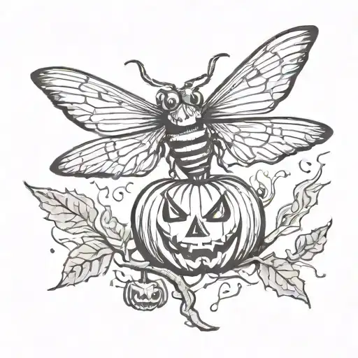 Death Hawk moth flying around a scary jack-o-lantern, Jack-o-lantern's eyes are smoking. Witchy designs carved into it tattoo design idea