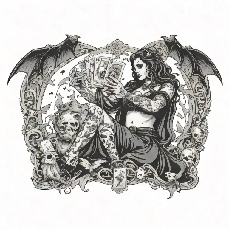 Modern, heavily tattooed, curvy, witchy woman holding tarot cards with bats and ghosts flying around her tattoo design idea