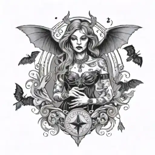 Modern, heavily tattooed, witchy woman holding tarot cards with bats and ghosts flying around her tattoo design idea