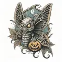 Death Hawk moth flying around a scary jack-o-lantern, Jack-o-lantern's eyes are smoking. Witchy designs carved into it tattoo design idea