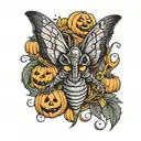 Death Hawk moth flying around a scary jack-o-lantern, Jack-o-lantern's eyes are smoking. Witchy designs carved into it tattoo design idea