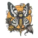 Death Hawk moth flying around a scary jack-o-lantern, Jack-o-lantern's eyes are smoking. Witchy designs carved into it tattoo design idea