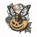 Death Hawk moth flying around a scary jack-o-lantern, Jack-o-lantern's eyes are smoking. Witchy designs carved into it tattoo design idea