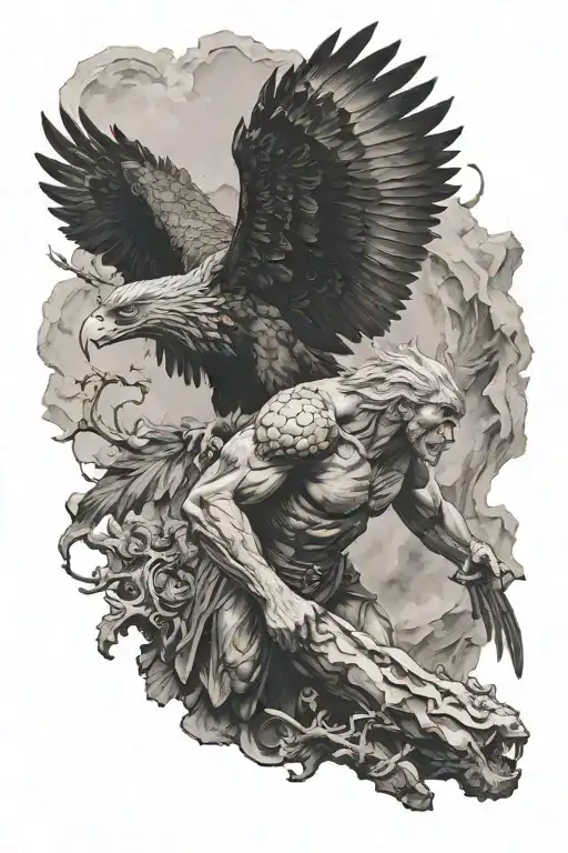 prometheus and an eagle coming to eat his liver, marble tattoo design idea