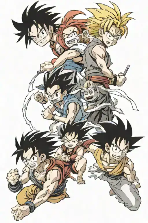 create a tattoo of a war between luffy, goku, ichigo, vegeta, tanjiro, killua tattoo design idea