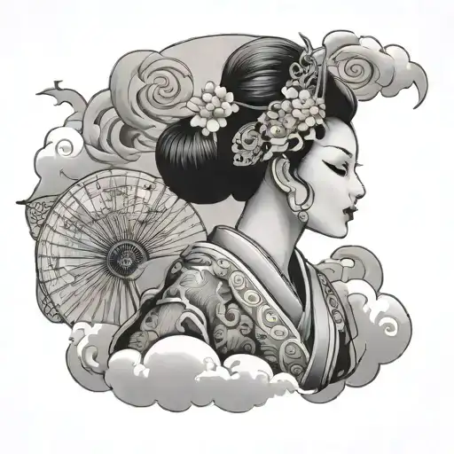 An elegant lady in a kimono, with a Hanya mask in one hand and a fan in the other, surrounded by swirling clouds tattoo design idea