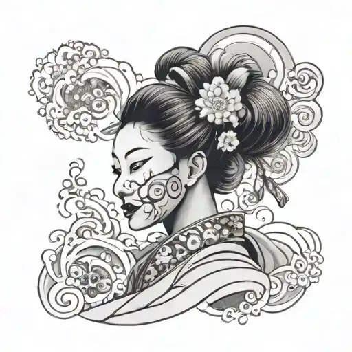 A woman in traditional Japanese attire with a Hanya mask on her face, surrounded by swirling waves tattoo design idea