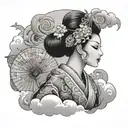An elegant lady in a kimono, with a Hanya mask in one hand and a fan in the other, surrounded by swirling clouds tattoo design idea