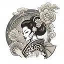 An elegant lady in a kimono, with a Hanya mask in one hand and a fan in the other, surrounded by swirling clouds tattoo design idea