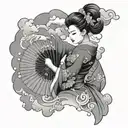 An elegant lady in a kimono, with a Hanya mask in one hand and a fan in the other, surrounded by swirling clouds tattoo design idea