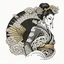 An elegant lady in a kimono, with a Hanya mask in one hand and a fan in the other, surrounded by swirling clouds tattoo design idea