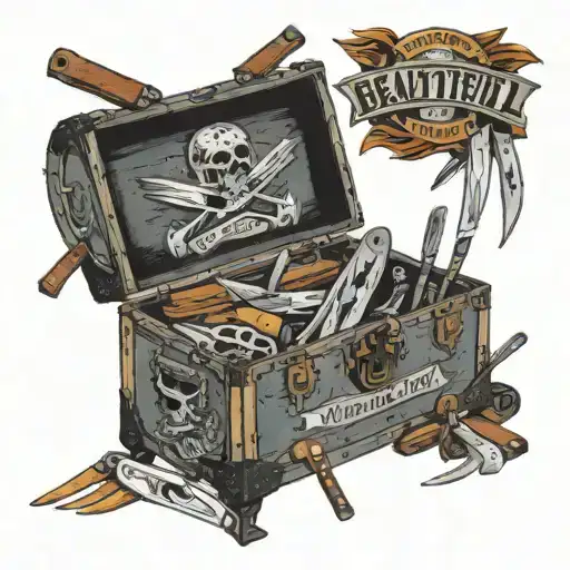 vintage trunk, open, filled with knives, machetes, straight razors with a banner that says "what a beautiful thing" tattoo design idea