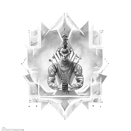 A god-like figure conducting an orchestra of young musicians tattoo design idea