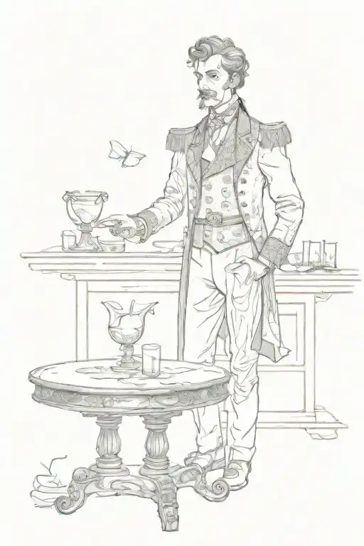 An aristocratic magician in a Victorian doublet standing over a magic table tattoo design idea