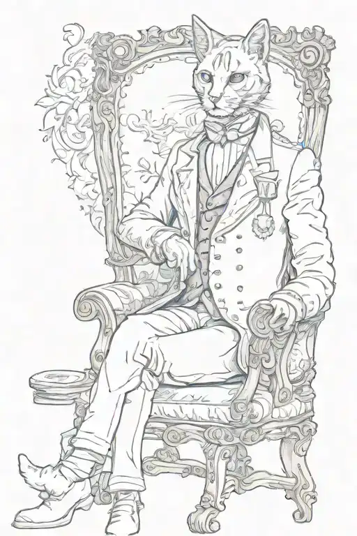 An aristocratic magician in a Victorian doublet sitting on a chair wearing a cat mask tattoo design idea