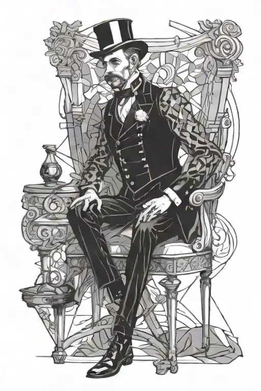 An aristocratic magician in a Victorian doublet sitting on a chair with a pistol in his hand tattoo design idea