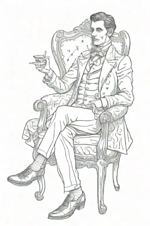An aristocratic magician in a Victorian doublet sitting on a chair wearing  tattoo design idea