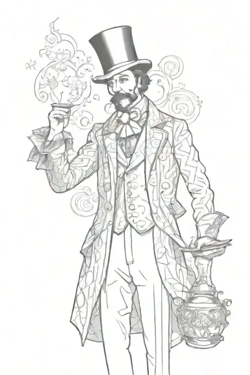 An aristocratic magician in a Victorian doublet. The background is a magical pattern. He's doing magic. The Book of Spel tattoo design idea
