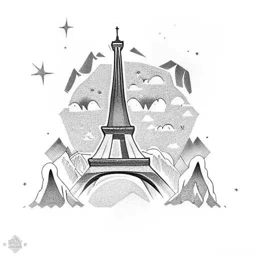 Eiffel Tower, mountains, Ferris wheel and a castle  tattoo design idea