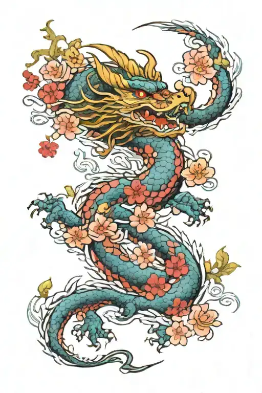 dragon in sakura flowers colorful but not very tattoo design idea