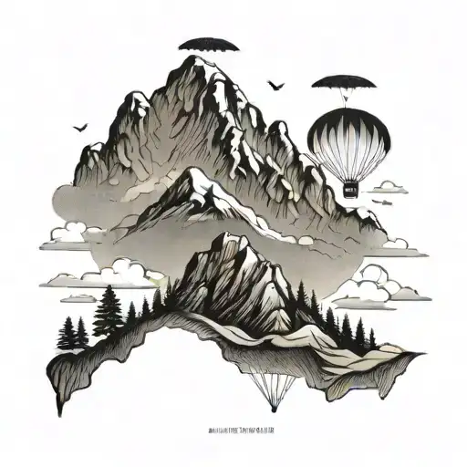 the sliouett of the untersberg mountain with clouds and paragliders tattoo design idea