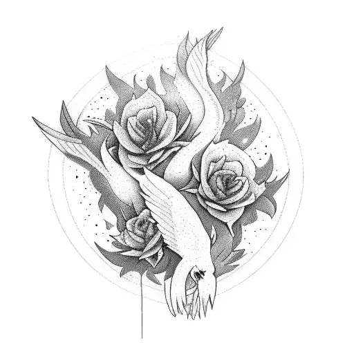 phoenix and flowers, half black and white, half colour  tattoo design idea