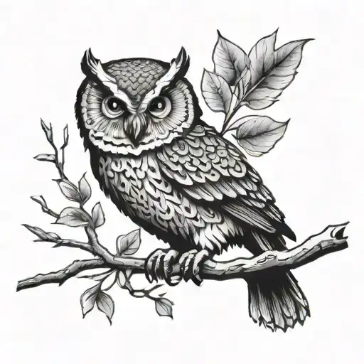 owl perched on a small branch tattoo design idea