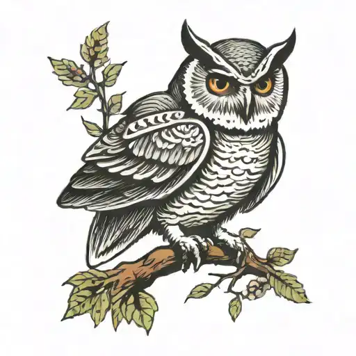 owl perched on a small branch tattoo design idea