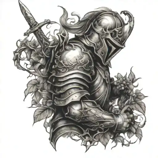 knight in armor covered in vines & earth plants, holding a flaming sword. tattoo design idea