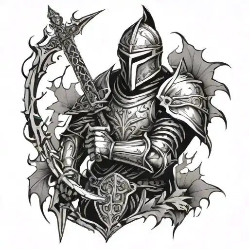 knight in armor with sword embedded with thorns wrapping tattoo design idea
